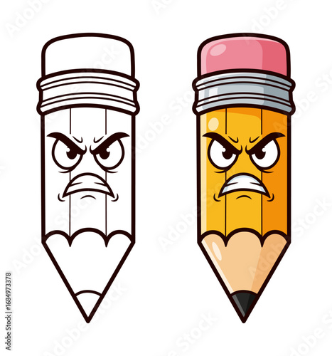 Angry Cartoon Pencil in Color and Outline