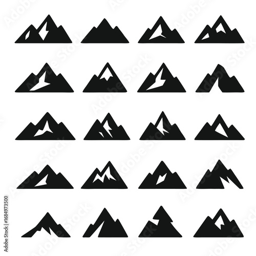 Mountain icons set, collection and group. Nature peak, rocky hill and landscape silhouettes. Outdoor adventure and travel illustration for eco environment design and tourism exploration