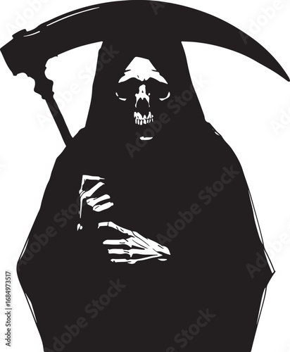 Grim Reaper Illustration with Scythe and Hood in Black and White for Halloween themed Graphics and Conceptual Designs