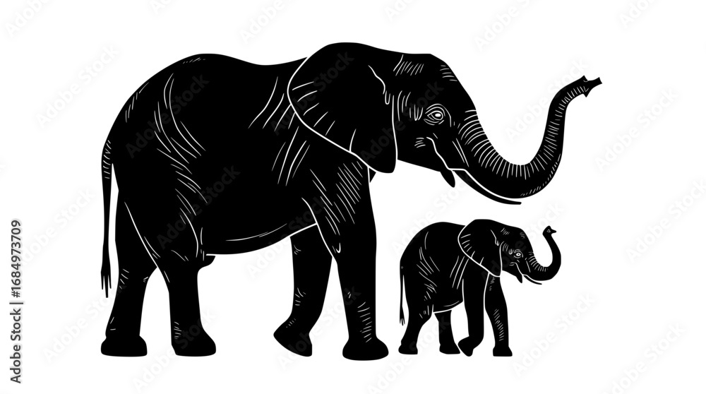 Fototapeta premium Elephant and calf silhouette on transparent background