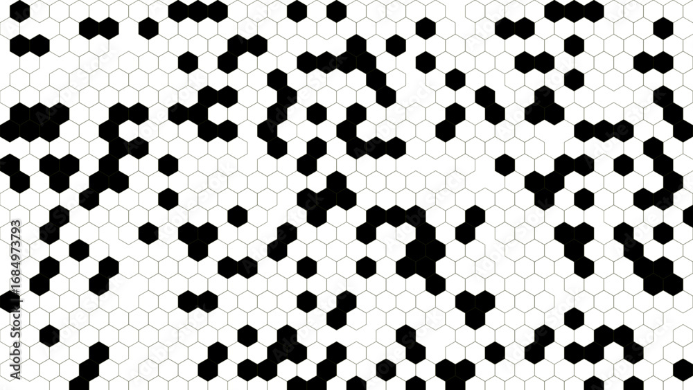 Abstract pattern of black hexagons scattered on a white hexagonal grid
