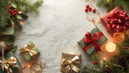 Christmas background with decorated Christmas tree candle and festive ornaments