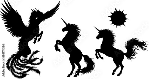 Mythical creatures unicorn dragon phoenix trio silhouette against white background
