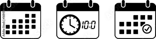 Three simple calendar icons representing a date time and completed task silhouette
