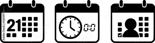 Three simple calendar icons representing a date time and completed task silhouette
