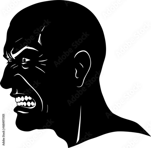 Intense emotional expression of a man s head in profile captured in a stark black silhouette against a white background conveying raw emotion and distress silhouette