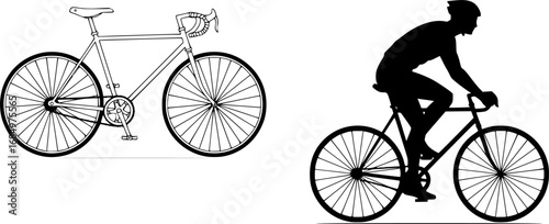 Two bicycles side by side one stationary and one with a cyclist silhouette
