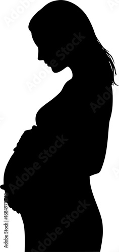 Elegant silhouette of a pregnant woman cradling her belly with gentle hands showcasing maternal love and anticipation
