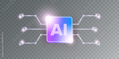 Artificial intelligence chipset on ultraviolet board in futuristic neon cyber punk concept technology artwork for web, banner, card, cover. Vector AI chip logo design template