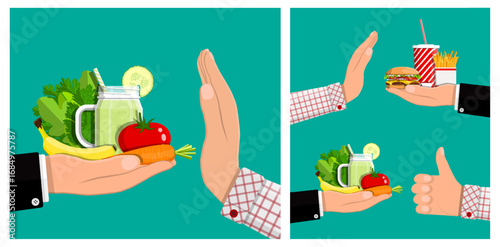 Man hand rejects unhealthy fast food hamburger and chooses healthy fruit and vegetable smoothie. Diet concept for good health.