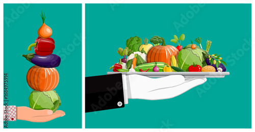 Two hands holding fresh vegetables. A man holding stacked produce. A waiter holding a tray with healthy harvest. Farm market and organic food concept.