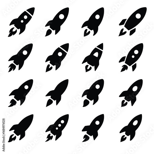 Rocket icons set, collection and group. Space shuttle symbol, spaceship launch illustration for astronomy, cosmos, science, exploration and travel environment design vector silhouette