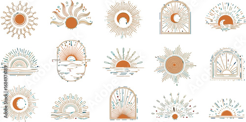 Boho Sun and Moon Set Artistic Vector Illustrations for Creative Designs