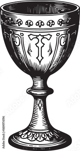 Intricate Chalice Engraving Illustration of a Ceremonial Cup Ornate and Detailed Design Black and White Graphic Representation