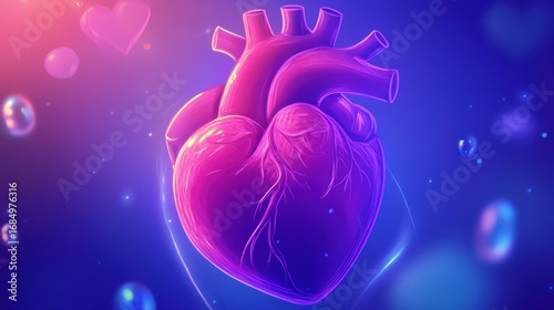 Anatomical Heart with Floating Hearts and Bubbles