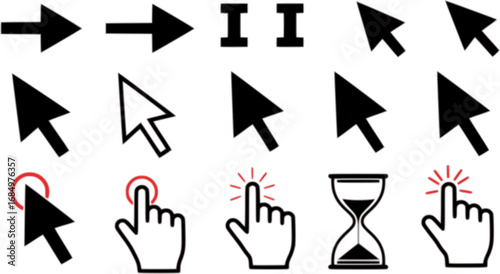 Collection of computer mouse pointer cursors in silhouette style with click effects
