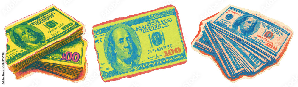 Fototapeta premium PNG Colorful illustrated dollar bills, element set on transparent background