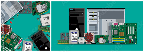 Human hand holding computer parts and repair tools with monitor. IT service concept with technology hardware. Desktop pc repair.