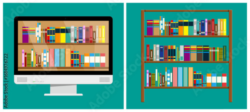 Computer monitor with virtual bookshelf. Digital library and online education concept. E-learning web school access for study.