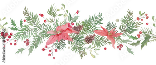 Christmas watercolor seamless border, horizontal pattern with poinsettia holly berries, pine cones, mistletoe. Hand drawn illustration. Vector EPS.