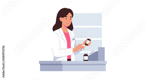 A female pharmacist in a white coat examines a medicine bottle while standing behind a counter in a pharmacy.