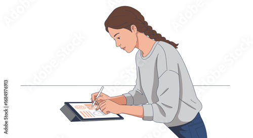 A young woman with braided hair intently uses a stylus to interact with a digital tablet displaying charts and graphs.
