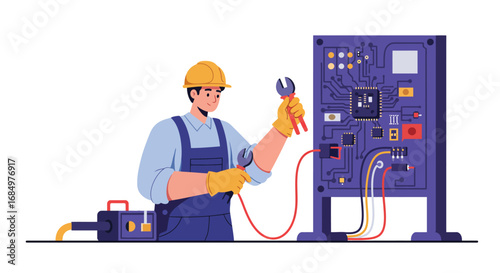 A skilled electrician in a yellow hard hat and blue overalls works on a complex electrical panel with wires and tools.