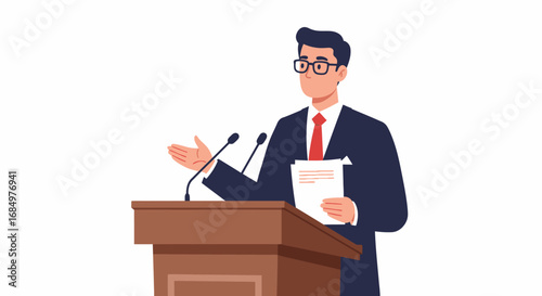A man in a suit and tie stands confidently behind a wooden podium, gesturing while speaking into microphones and holding a document.
