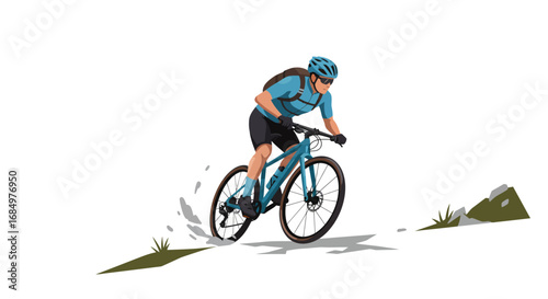 A man in athletic gear rides a mountain bike downhill on a grassy slope, kicking up dirt and dust.