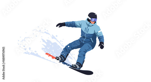 A snowboarder in a blue snowsuit carves down a snowy slope, spraying snow in their wake, against a white background.