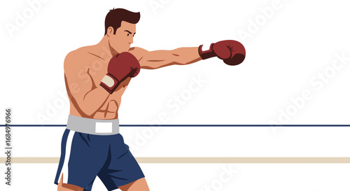 A muscular boxer with red gloves throws a punch in a boxing ring against a white background.