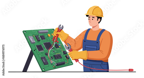 A skilled technician in protective gear meticulously repairs an electronic circuit board with a multimeter and pliers.