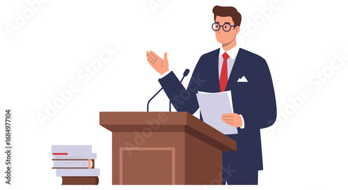 Man in suit giving a speech at a podium with microphone, holding papers and gesturing with his hand, with books stacked to the side.