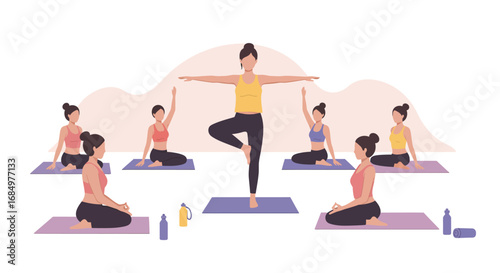 A group of women practicing yoga poses, led by an instructor.