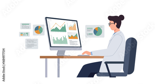 A woman in a lab coat analyzes data on a computer, surrounded by charts and graphs.