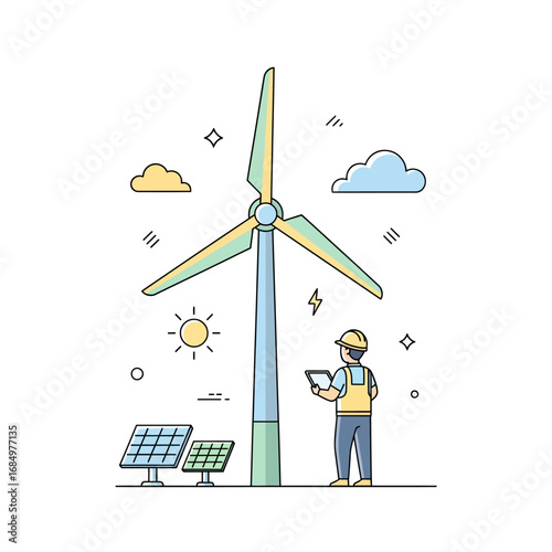 Renewable energy sources: wind turbine, solar panels, and engineer with tablet.