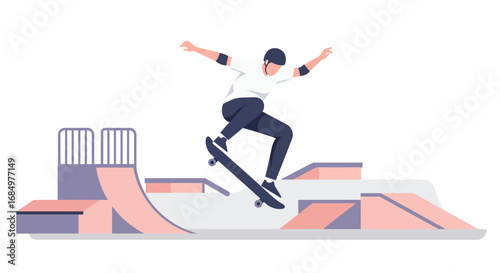 Skater performing a trick in a vibrant skate park.