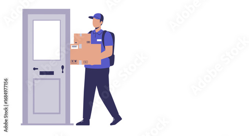 Delivery person carrying packages to a door, home delivery service.