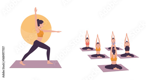 Yoga instructor leads a class, demonstrating a warrior pose while students follow in seated meditation.