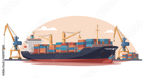 A container cargo ship docked at an industrial port with large cranes loading and unloading freight.