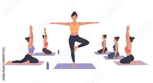 A diverse group of women practicing various yoga poses with an instructor demonstrating the tree pose on mats.