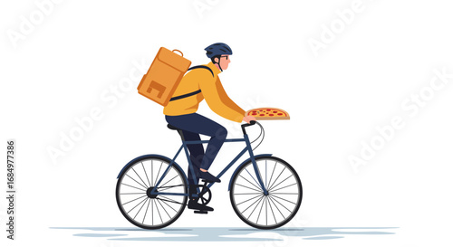 A cyclist delivering pizza, wearing a helmet, with a backpack, on a white background.