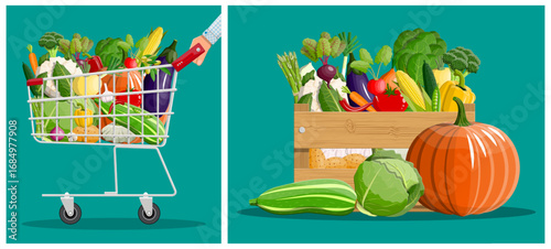 Shopping cart full of fresh harvest vegetables. Groceries bag with organic food. Healthy eating and market concept for food store.