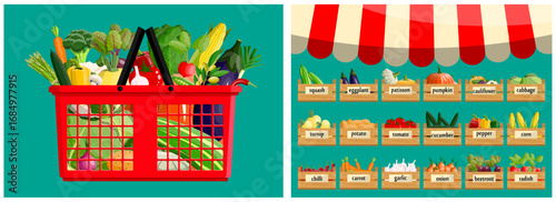 Shopping basket full of healthy vegetable. Farm market stall with fresh product and food. Flat style for grocery store or organic harvest.