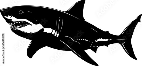 A stark black silhouette of a great white shark swimming with its fins and tail clearly defined against a white background
