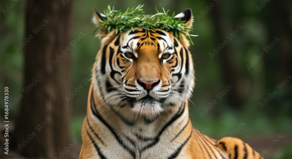 Fototapeta premium The Majestic Bengal Tiger Embraces Nature's Crown with Elegance and Serenity in the Lush Forest