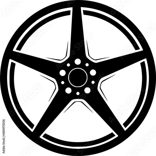 A stark black and white silhouette of a car wheel with five spokes and a central hub
