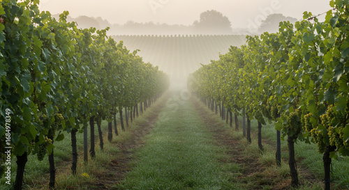 Rows of grapevines stretch into the distance, disappearing into a misty morning landscape in a vineyard.