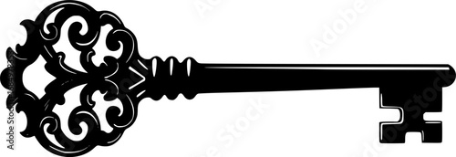 Ornate antique skeleton key silhouette with intricate detailing on the bow and bit for unlocking secrets
