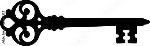 Ornate antique skeleton key silhouette with intricate detailing on the bow and bit for unlocking secrets
